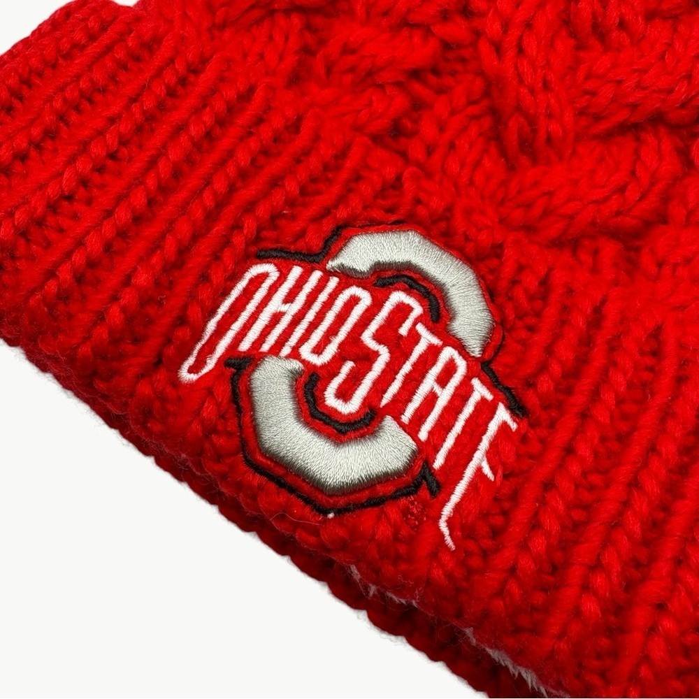 New Era Ohio State Buckeyes Pom Cable Knit Beanie Red OS Fleece Lined Hat - Picture 7 of 10